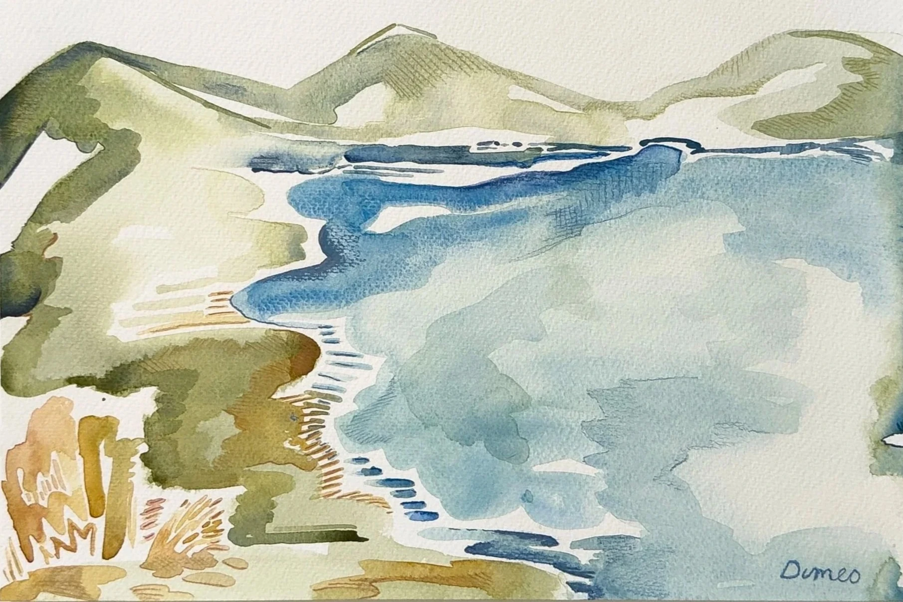 A blue and green watercolor landscape of a winding shoreline by Molly Dimeo.