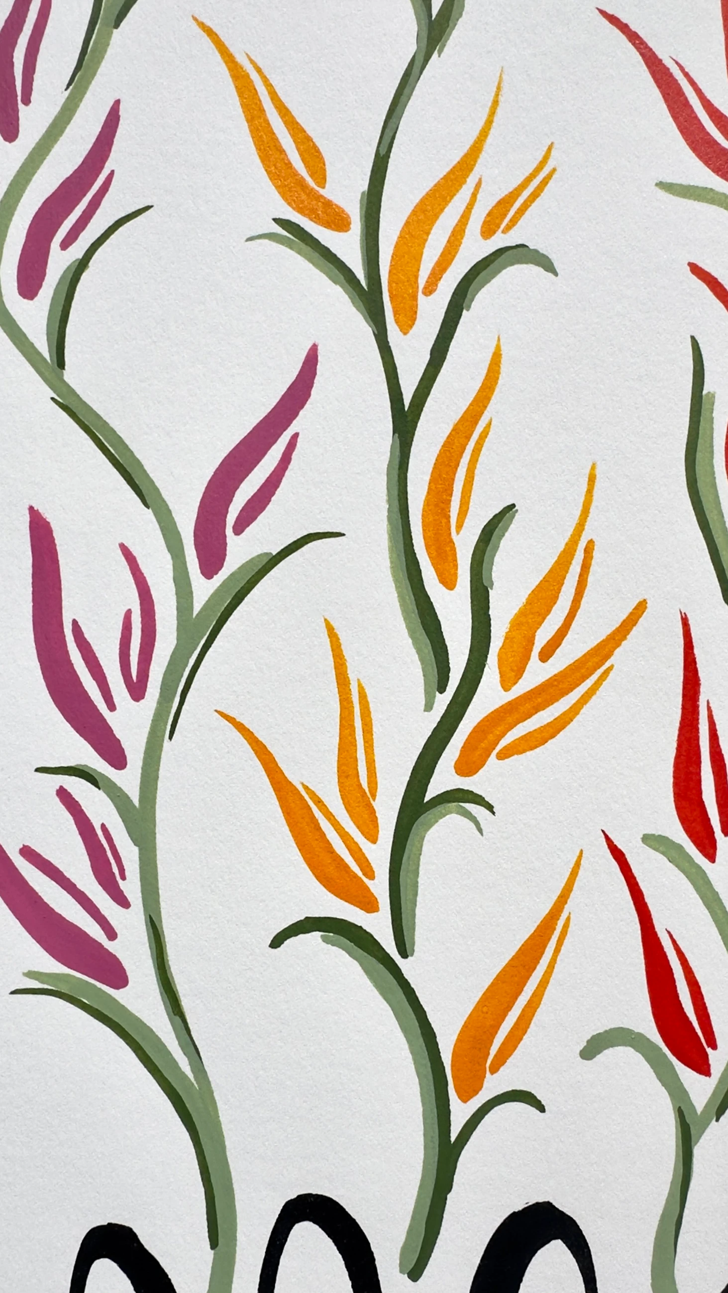 A close view of pink, yellow, and green botanical brushstrokes by Molly Dimeo.