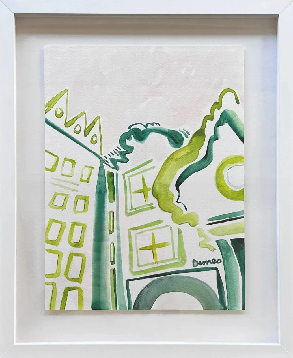 A framed green watercolor of buildings and trees by Molly Dimeo.