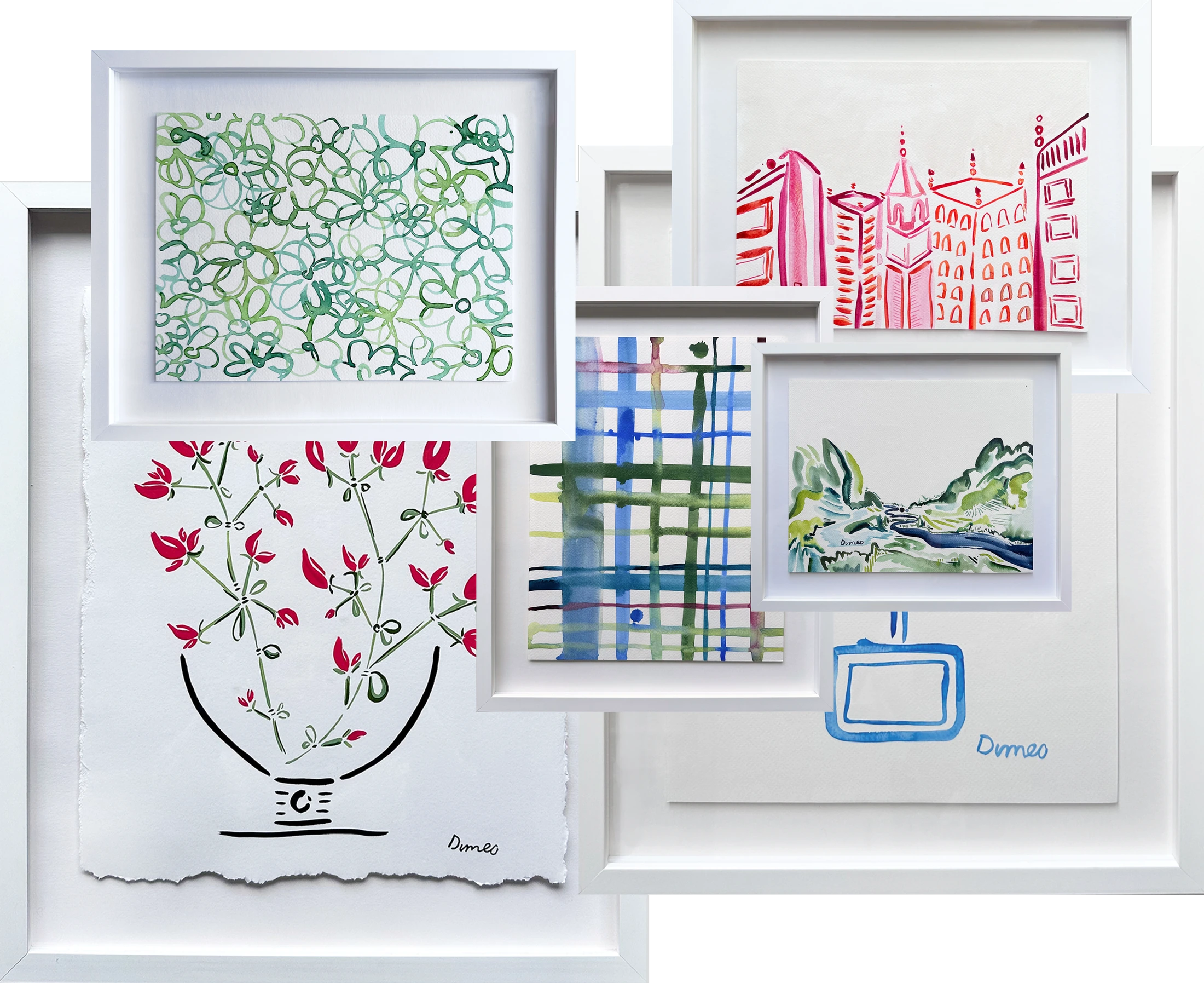 A collage of framed floral, landscape, and abstract paintings by Molly Dimeo.