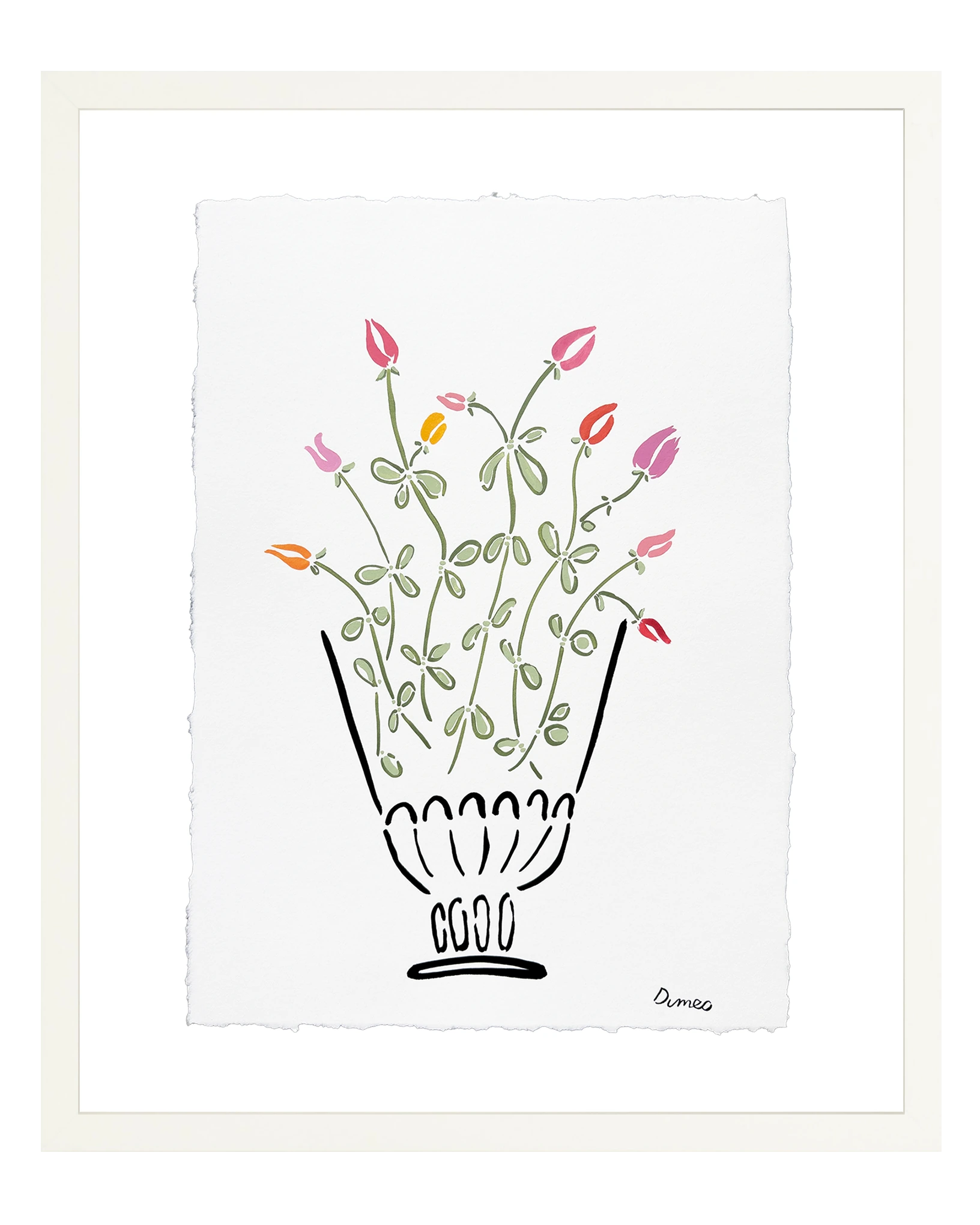 A framed floral painting by Molly Dimeo, with pink and yellow flowers in a black outlined vase.